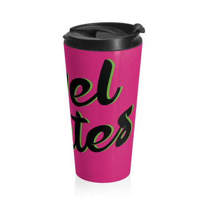 Stainless Steel Travel Mug With Cup 15oz (440ml)| Fuchsia & Black RevelMates Design