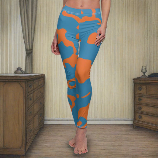 Women's Cut & Sew Casual Leggings | Camouflage Blue & Orange Design