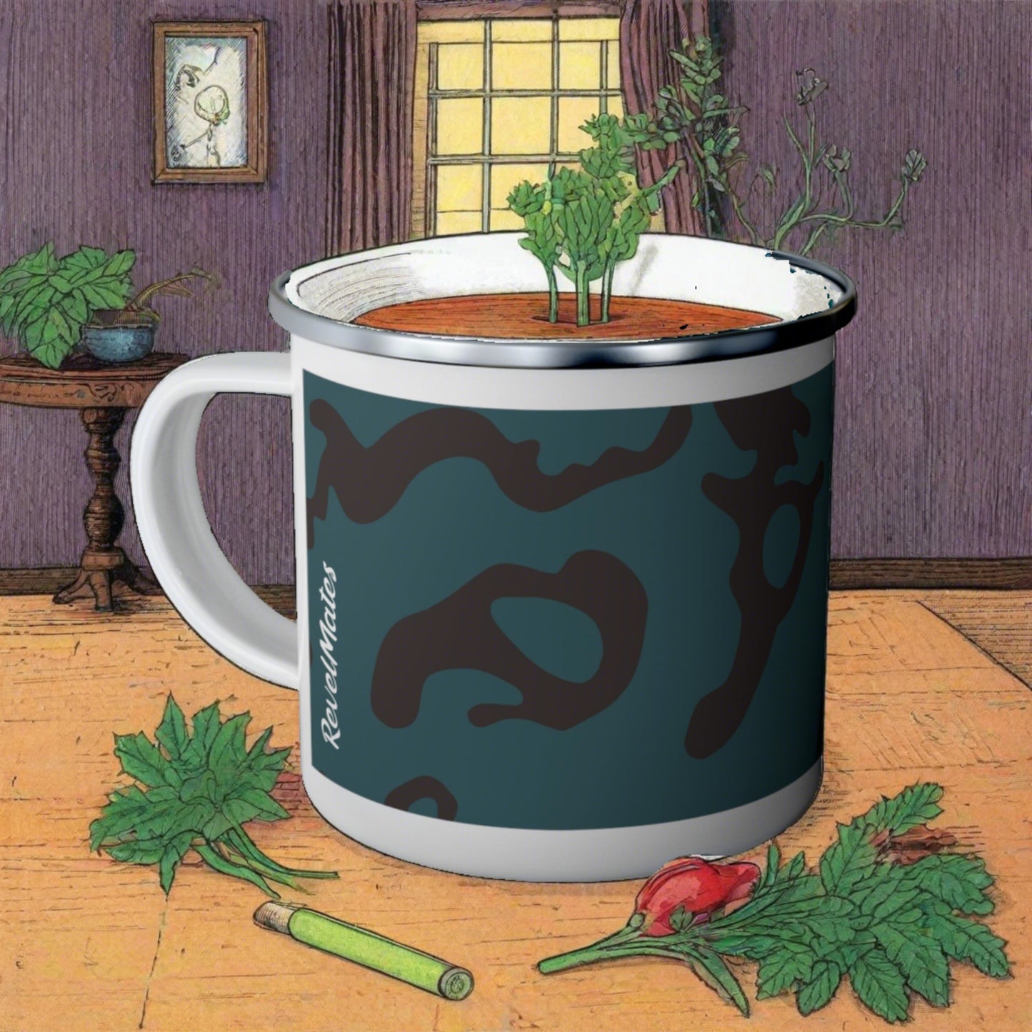 Enamel Camping Mug 12oz (350ml) | Camouflage Turquoise & Brown Design