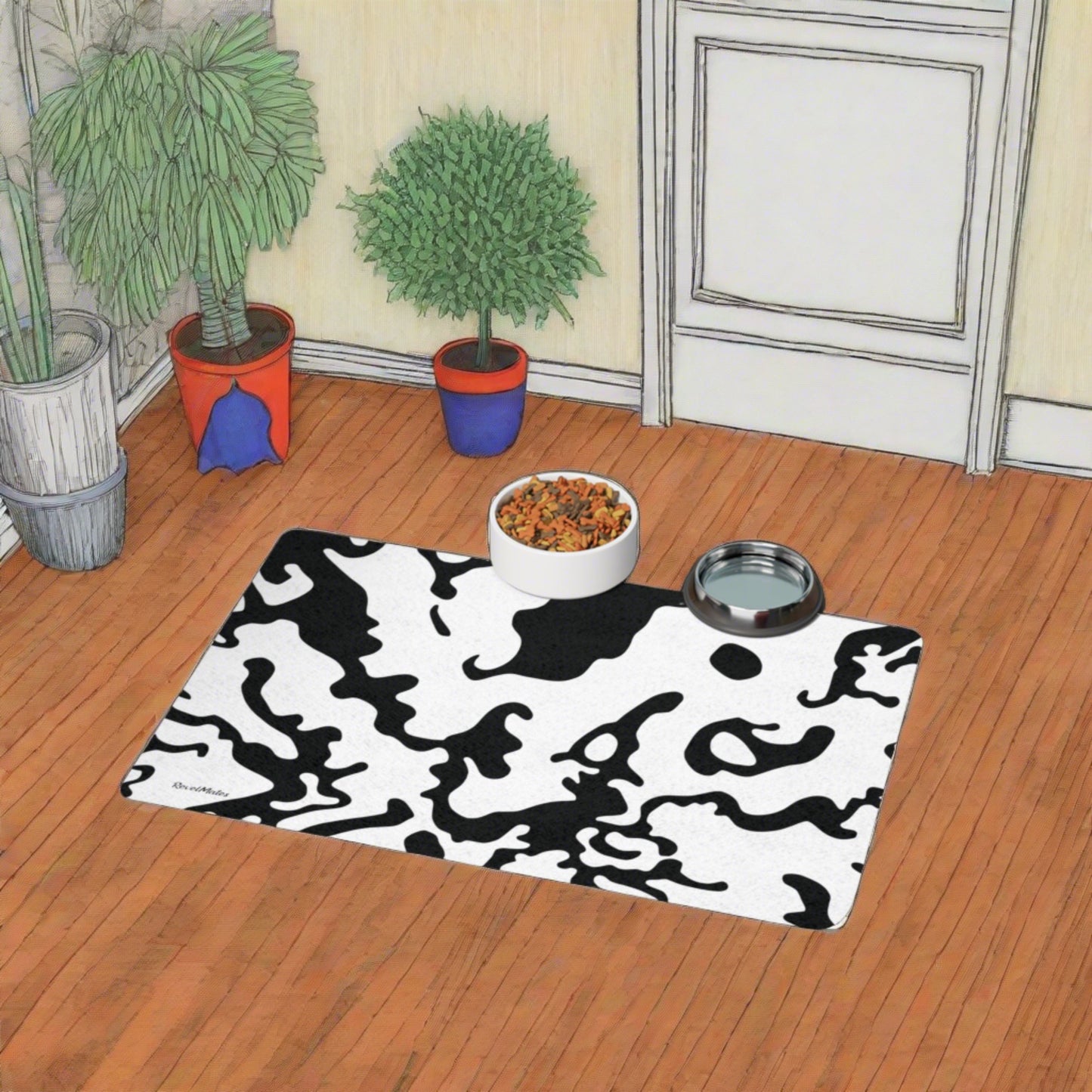 Pet Food Mat | for Dogs, Cats and all beloved Pets | Camouflage White & Black Design