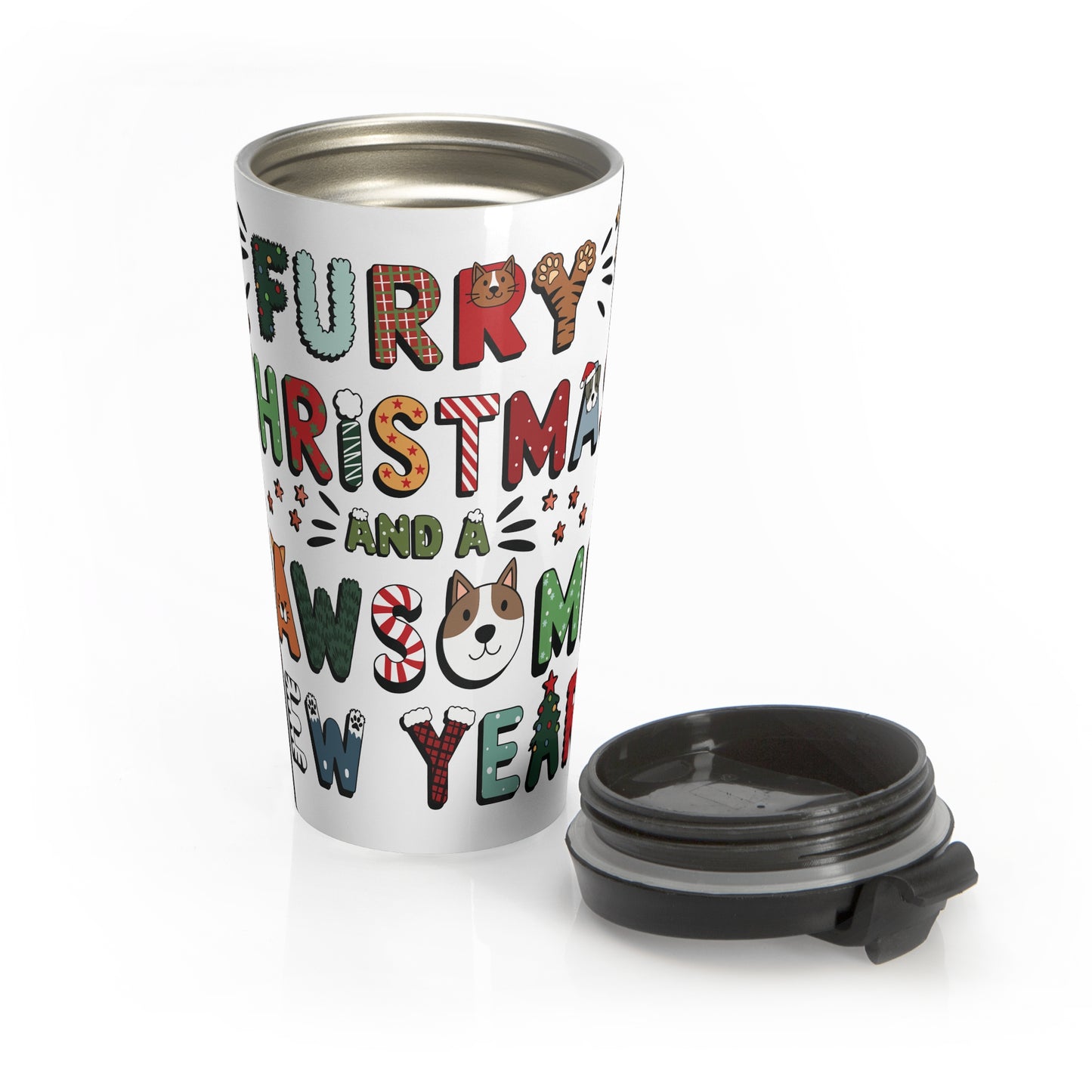 Stainless Steel Travel Mug With Cup 15oz (440ml)| Furry Christmas Design