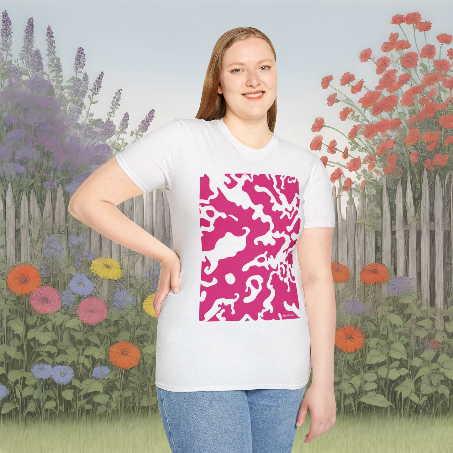 Unisex Softstyle T-Shirt | Camouflage Fuchsia & White Design