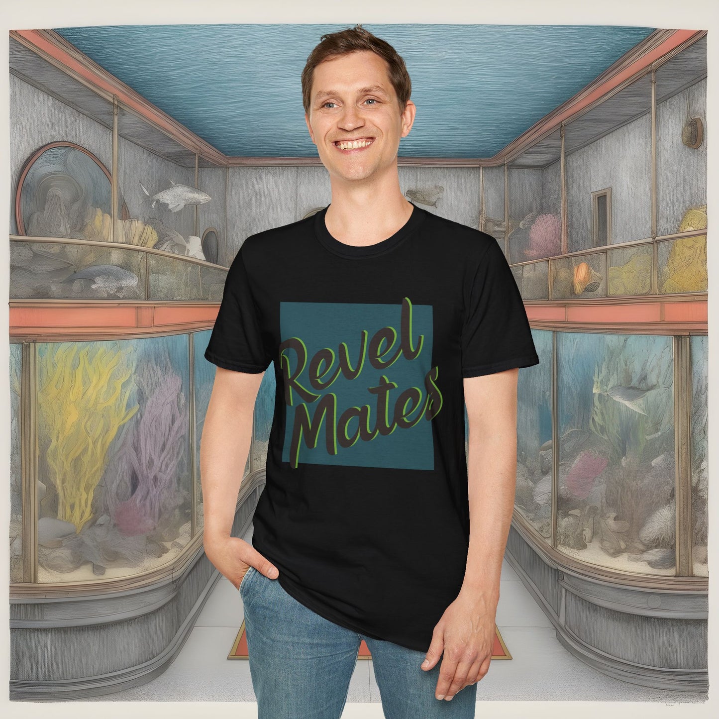 Unisex Softstyle T-Shirt | Turquoise & Brown RevelMates Square Design | 4 colors