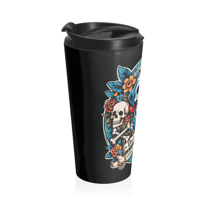 Stainless Steel Travel Mug With Cup 15oz (440ml)| Dog Skull Tattoo Design | 4 colors