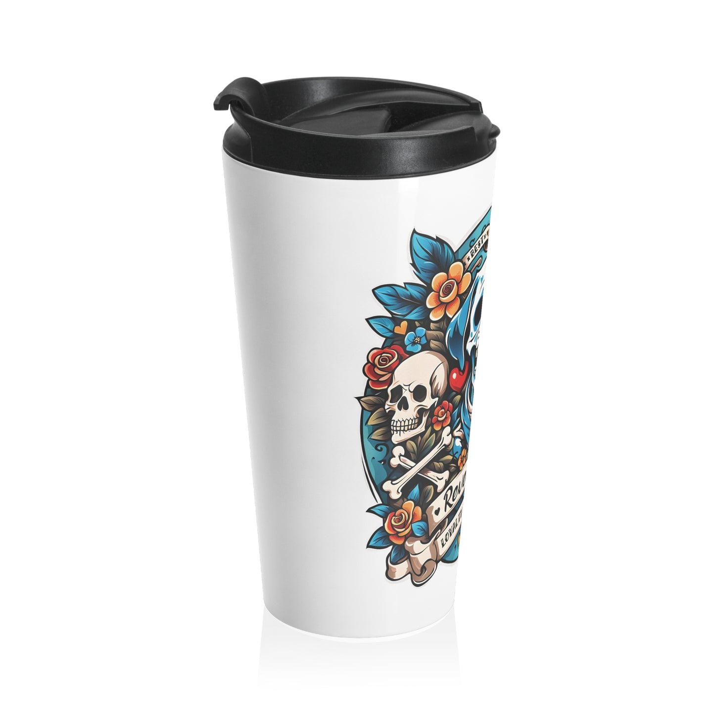 Stainless Steel Travel Mug With Cup 15oz (440ml)| Dog Skull Tattoo Design | 4 colors