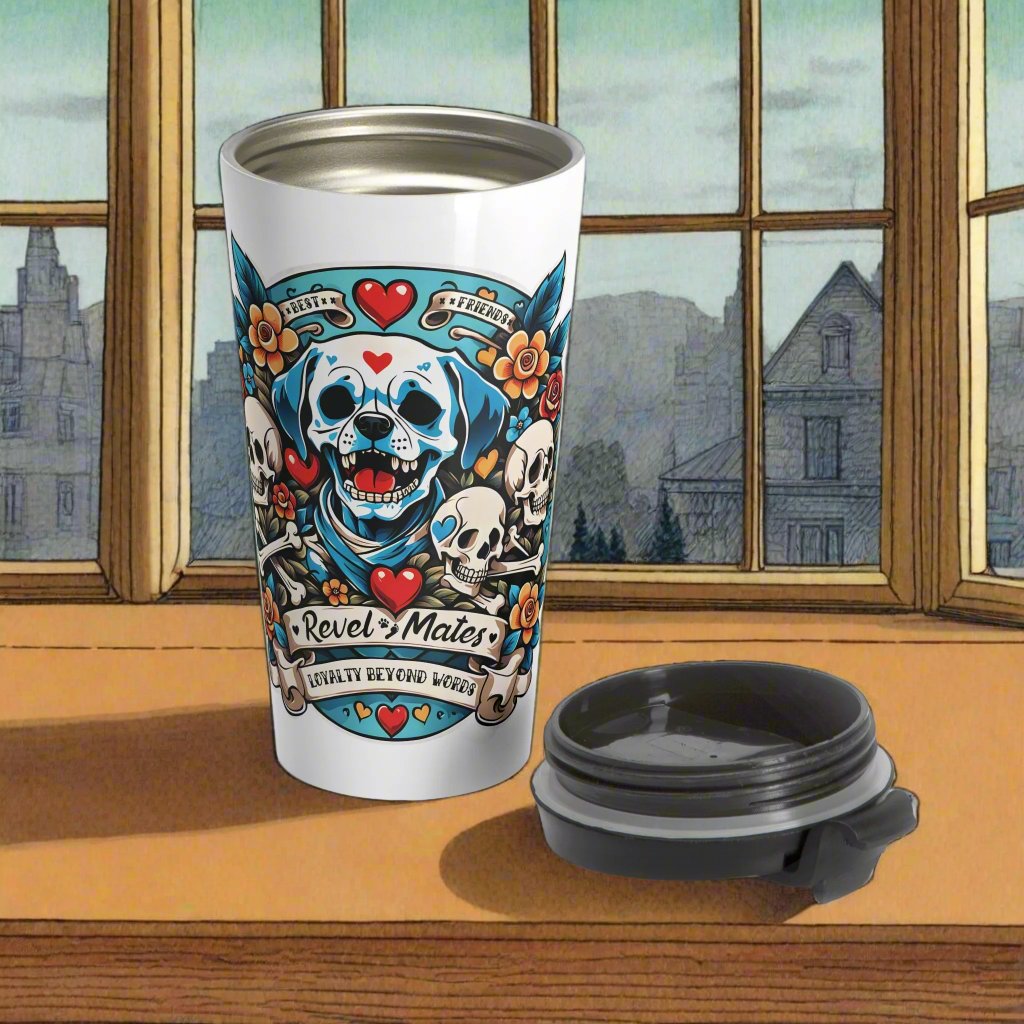 Stainless Steel Travel Mug With Cup 15oz (440ml)| Dog Skull Tattoo Design | 4 colors