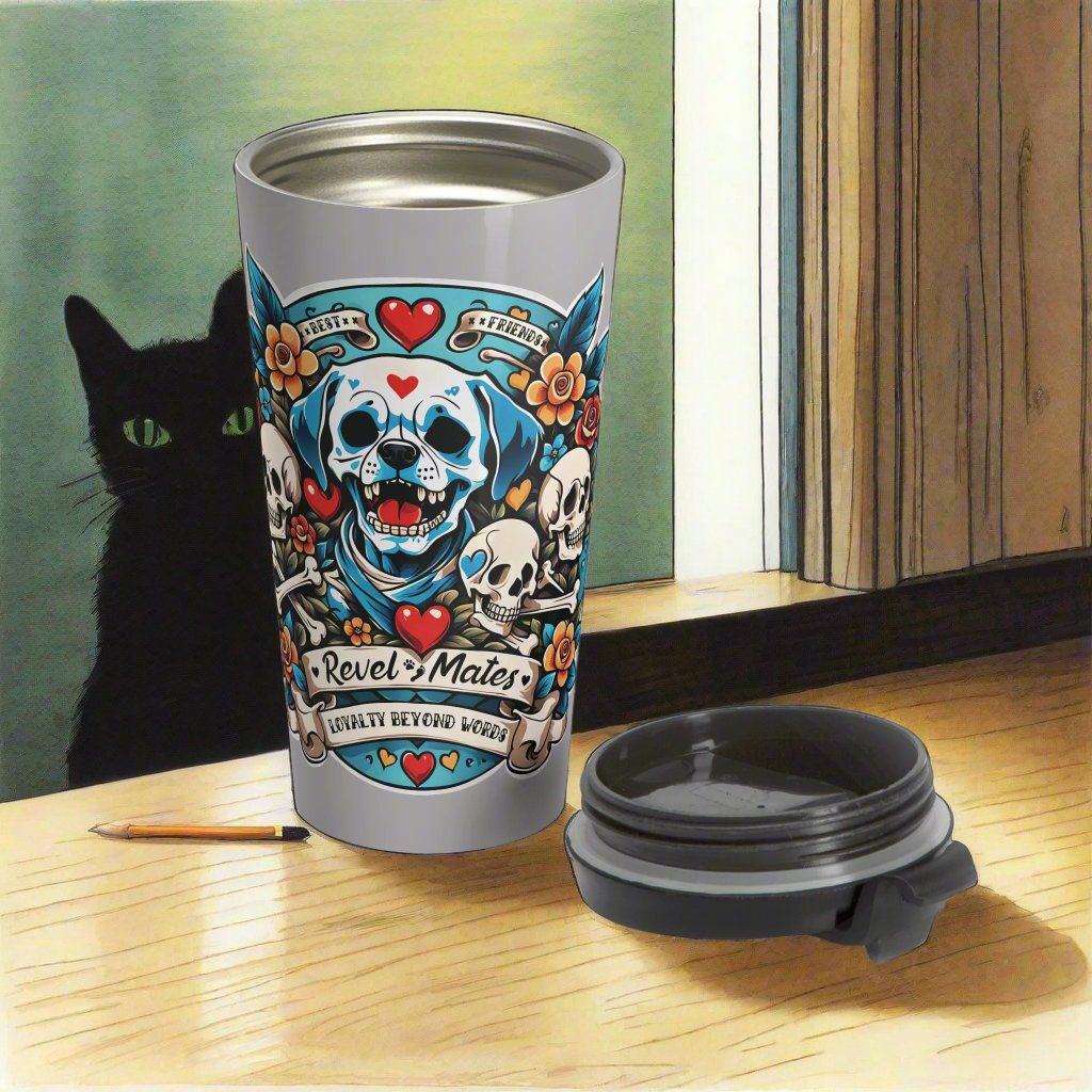 Stainless Steel Travel Mug With Cup 15oz (440ml)| Dog Skull Tattoo Design | 4 colors