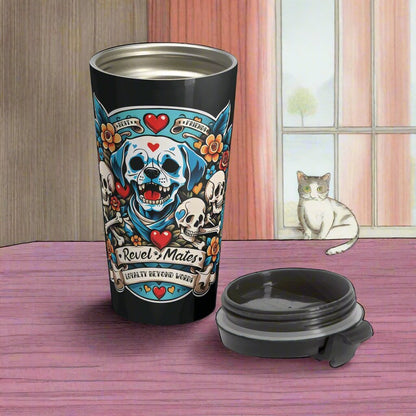 Stainless Steel Travel Mug With Cup 15oz (440ml)| Dog Skull Tattoo Design | 4 colors