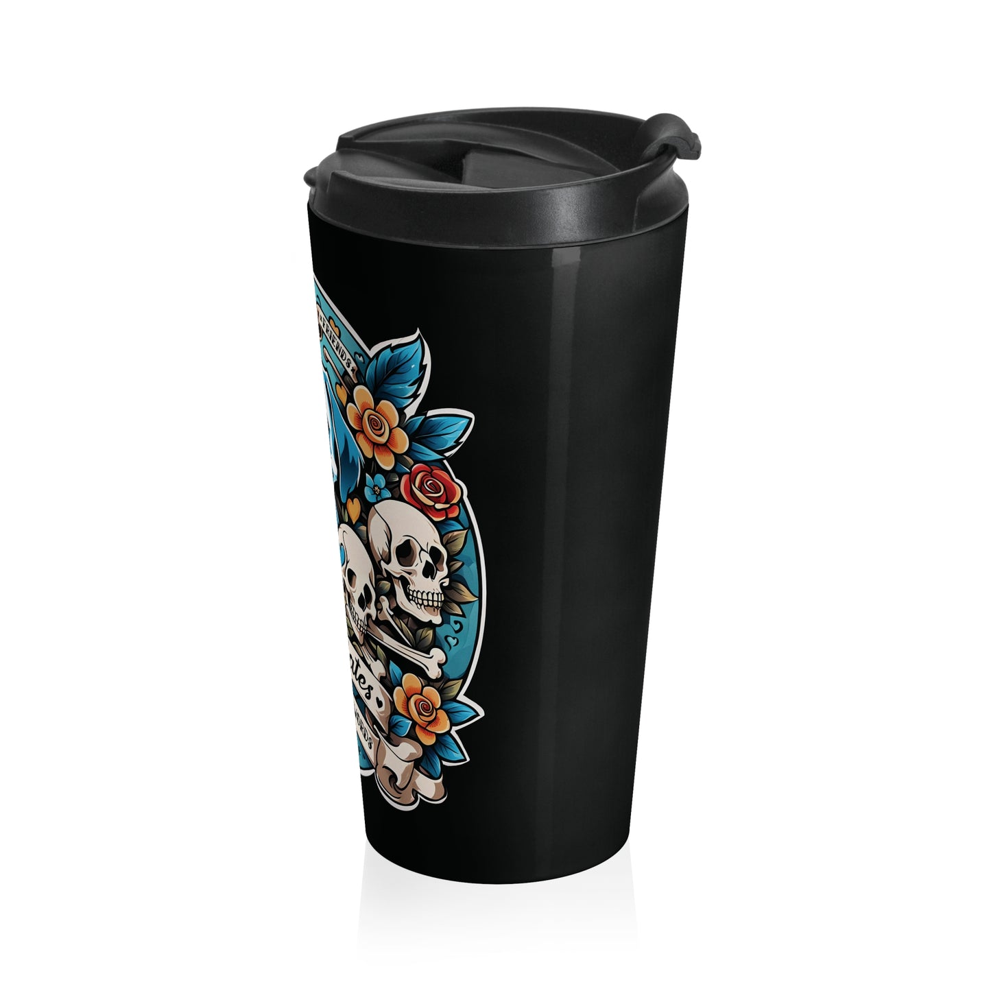 Stainless Steel Travel Mug With Cup 15oz (440ml)| Dog Skull Tattoo Design | 4 colors