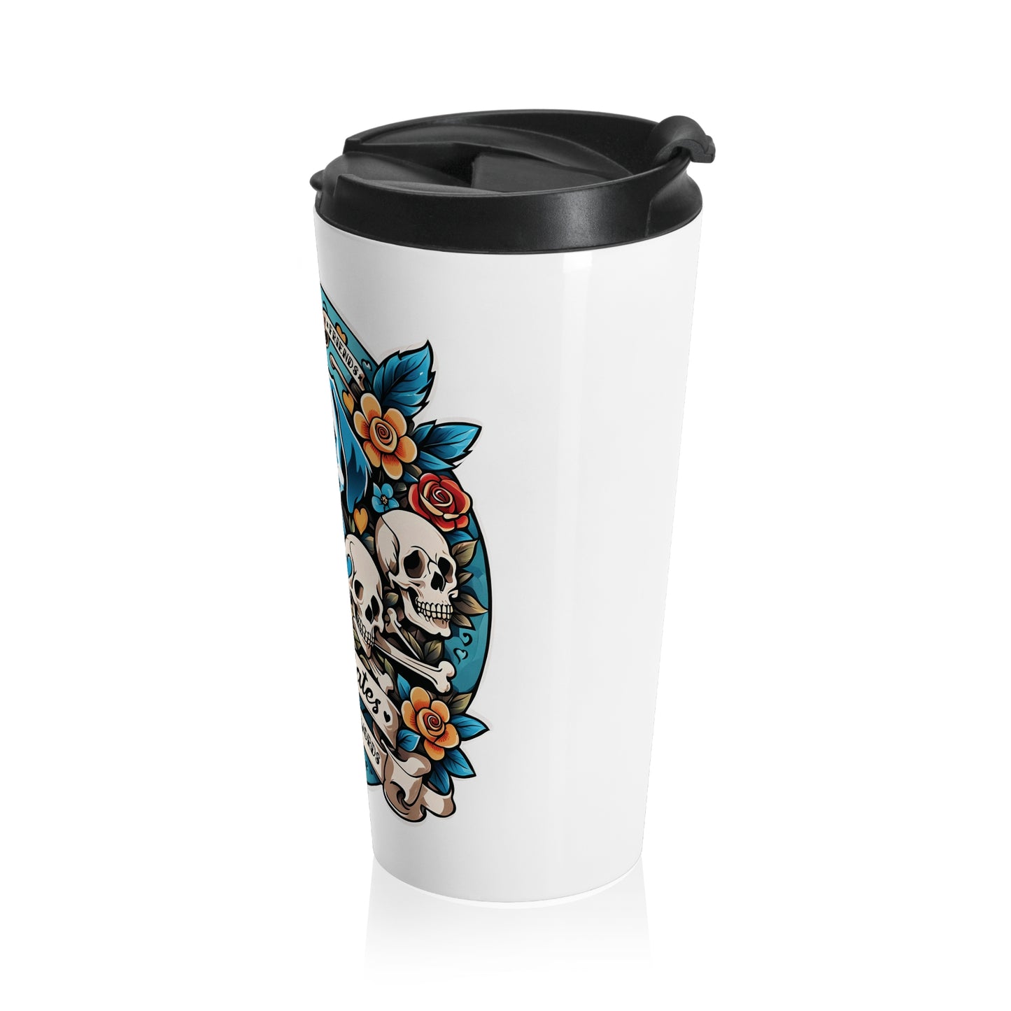 Stainless Steel Travel Mug With Cup 15oz (440ml)| Dog Skull Tattoo Design | 4 colors